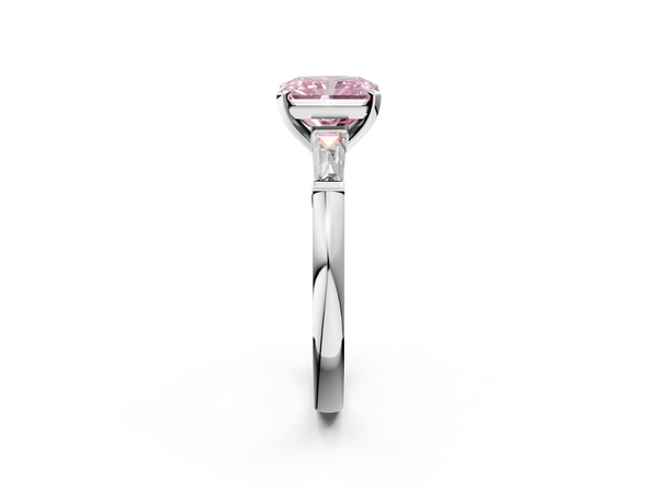 Platinum Fancy Pink Radiant  Solitaire with Tapered Baguette Side Stones on a Classic Band with Four-Prong Setting