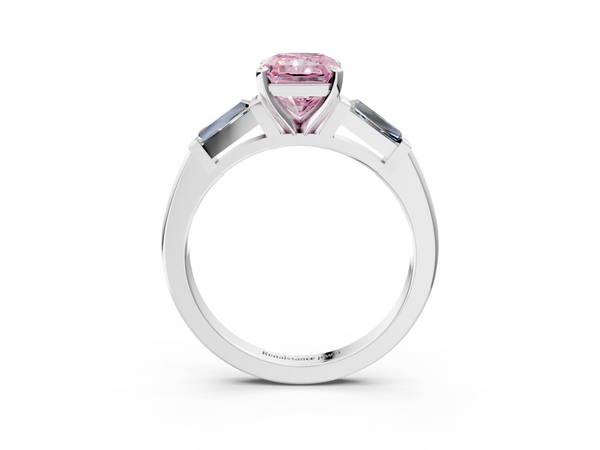 Platinum Fancy Pink Radiant  Solitaire with Tapered Baguette Side Stones on a Classic Band with Four-Prong Setting