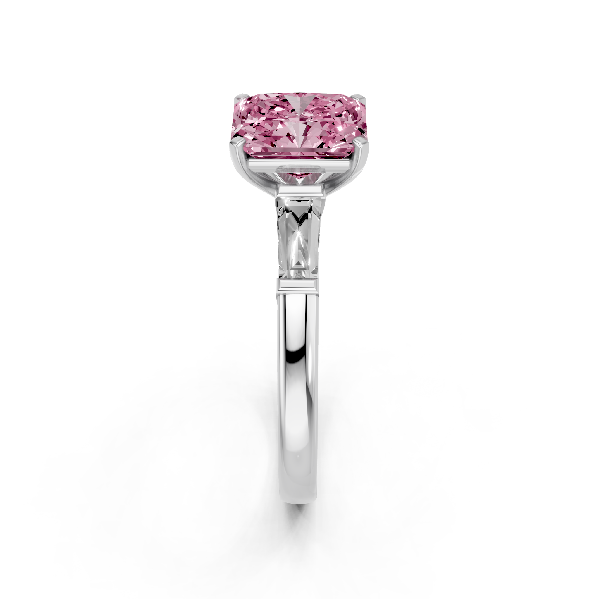 White gold Fancy Pink Radiant  Solitaire with Tapered Baguette Side Stones on a Classic Band with Four-Prong Setting_1