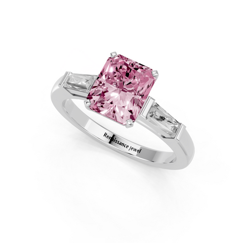 White gold Fancy Pink Radiant  Solitaire with Tapered Baguette Side Stones on a Classic Band with Four-Prong Setting