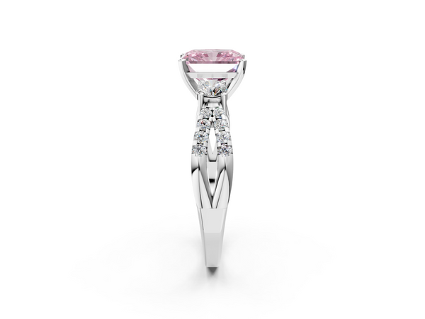 White gold Fancy Pink Radiant Cut Diamond Three-Stone Ring with Pavé Split Shank and Four-Prong Setting