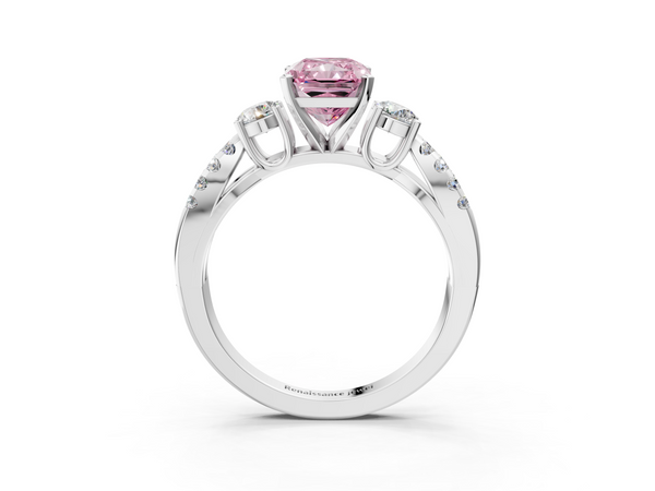 White gold Fancy Pink Radiant Cut Diamond Three-Stone Ring with Pavé Split Shank and Four-Prong Setting
