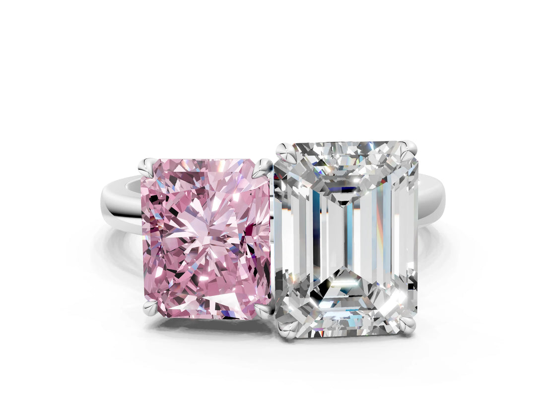 White gold Fancy Pink Radiant  and Emerald Cut Toi Moi Ring with Prong Setting_46