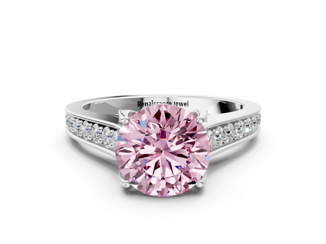 White gold Fancy Pink Round  Brilliant Cut Diamond Engagement Ring with Pavé Band and Four-Prong Setting_29