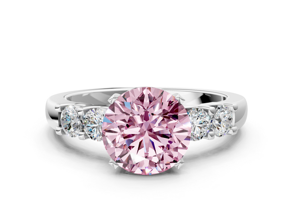 Platinum Fancy Pink Round  Brilliant Cut Diamond Five-Stone Prong Set Engagement Ring with Channel Band
