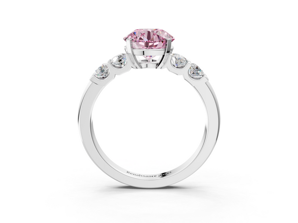 Platinum Fancy Pink Round  Brilliant Cut Diamond Five-Stone Prong Set Engagement Ring with Channel Band