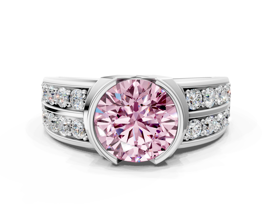 White gold Fancy Pink Round  Brilliant Diamond Channel Set Wide Band Ring with Bezel Setting