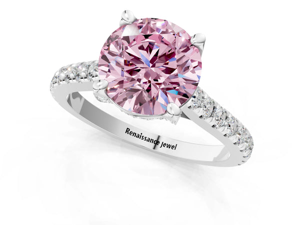 White gold Fancy Pink Round  Brilliant Diamond Solitaire with Pavé Band and Four-Prong Setting