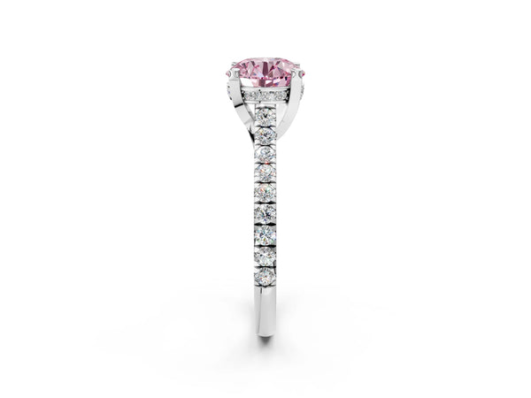 White gold Fancy Pink Round  Brilliant Diamond Solitaire with Pavé Band and Four-Prong Setting