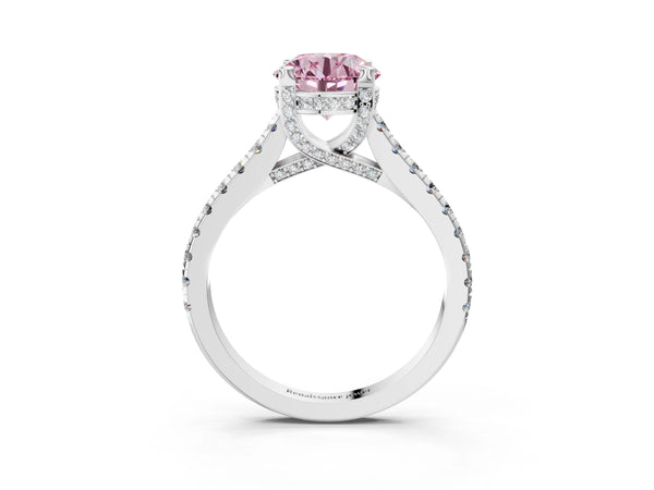 White gold Fancy Pink Round  Brilliant Diamond Solitaire with Pavé Band and Four-Prong Setting