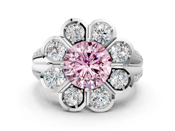 White gold Fancy Pink Round  Brilliant Flower Halo Diamond Split Shank Ring