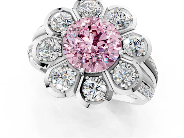 White gold Fancy Pink Round  Brilliant Flower Halo Diamond Split Shank Ring