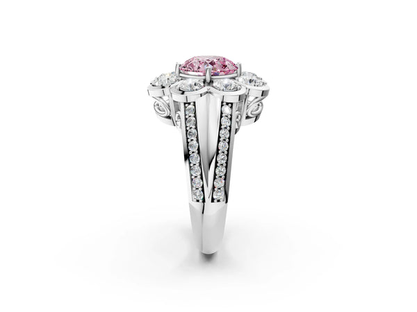 White gold Fancy Pink Round  Brilliant Flower Halo Diamond Split Shank Ring
