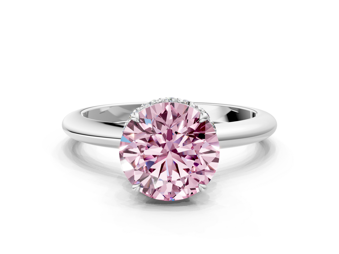 White gold Fancy Pink Round  Brilliant Solitaire Engagement Ring with Six-Prong Setting and Classic Band