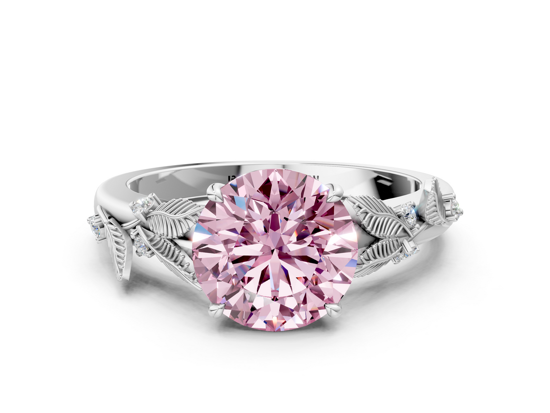 White gold Fancy Pink Round  Brilliant Solitaire with Leaf Motif Band and Four-Prong Setting_31