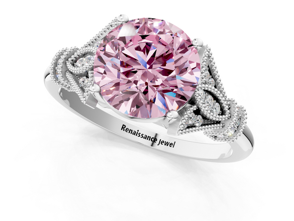 Platinum Fancy Pink Round  Diamond Solitaire Ring with Floral Filigree and Pave Accents