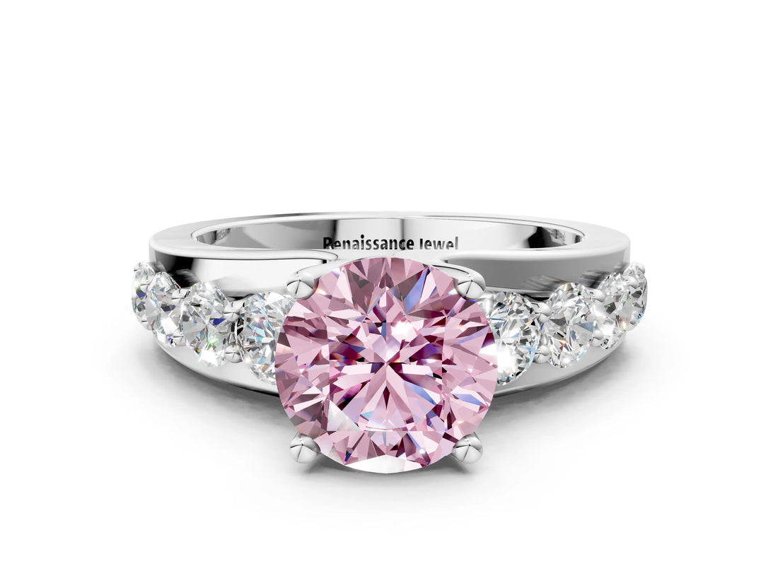 White gold Fancy Pink Round  Brilliant Solitaire with Side Stones on a Pave Band and Four-Prong Setting_120