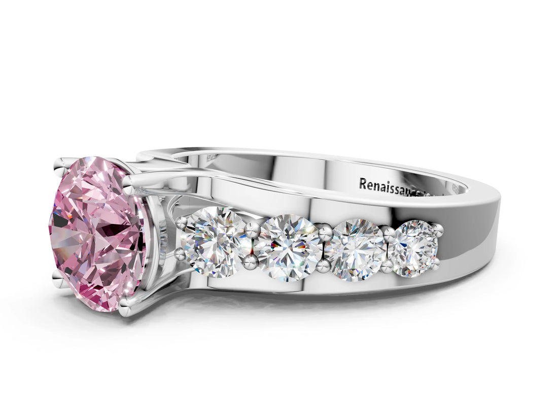 White gold Fancy Pink Round  Brilliant Solitaire with Side Stones on a Pave Band and Four-Prong Setting_143