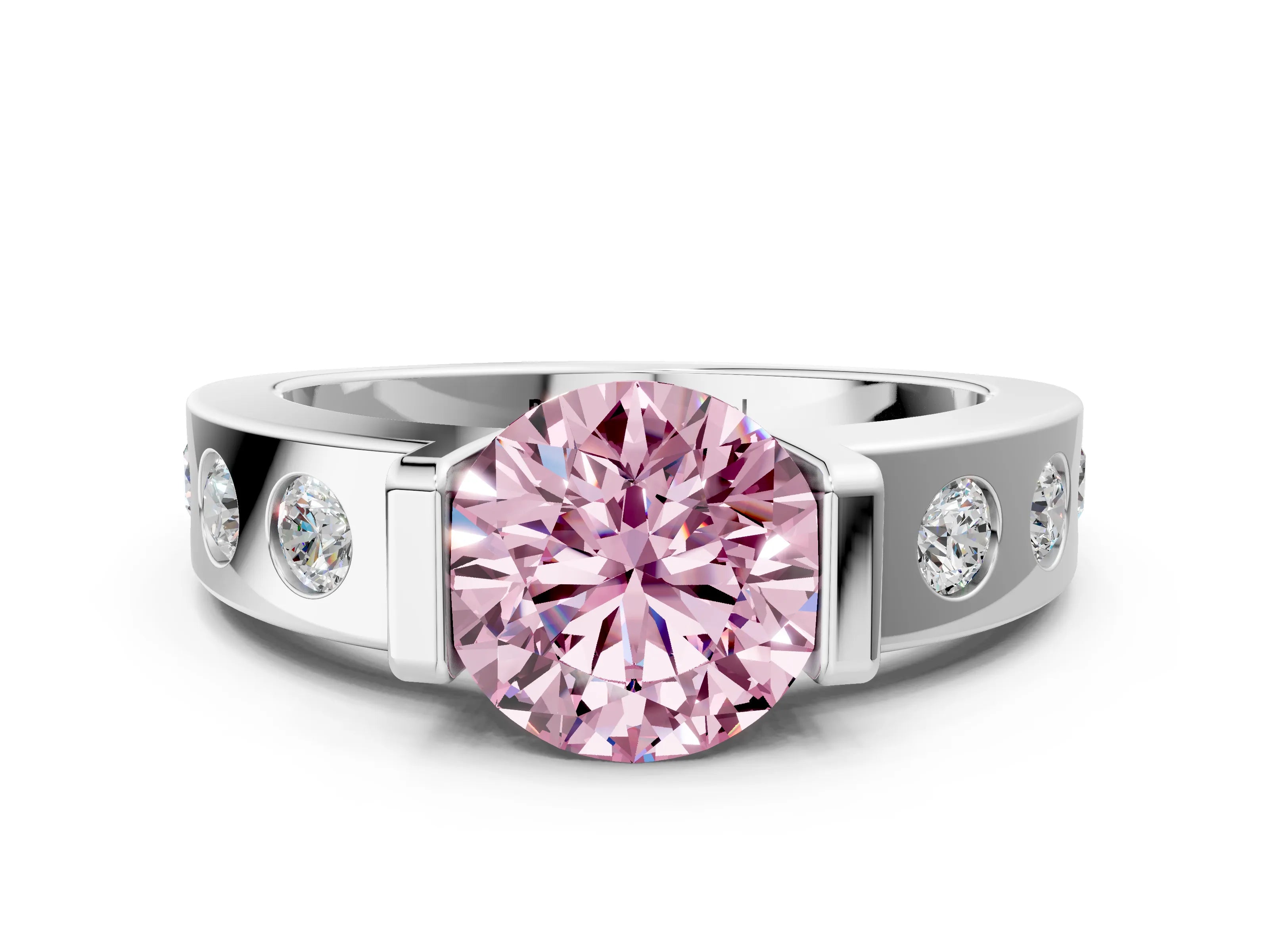 White gold Fancy Pink Round Cut Brilliant Channel-Set Diamond Ring with Bezel Prong Setting_12