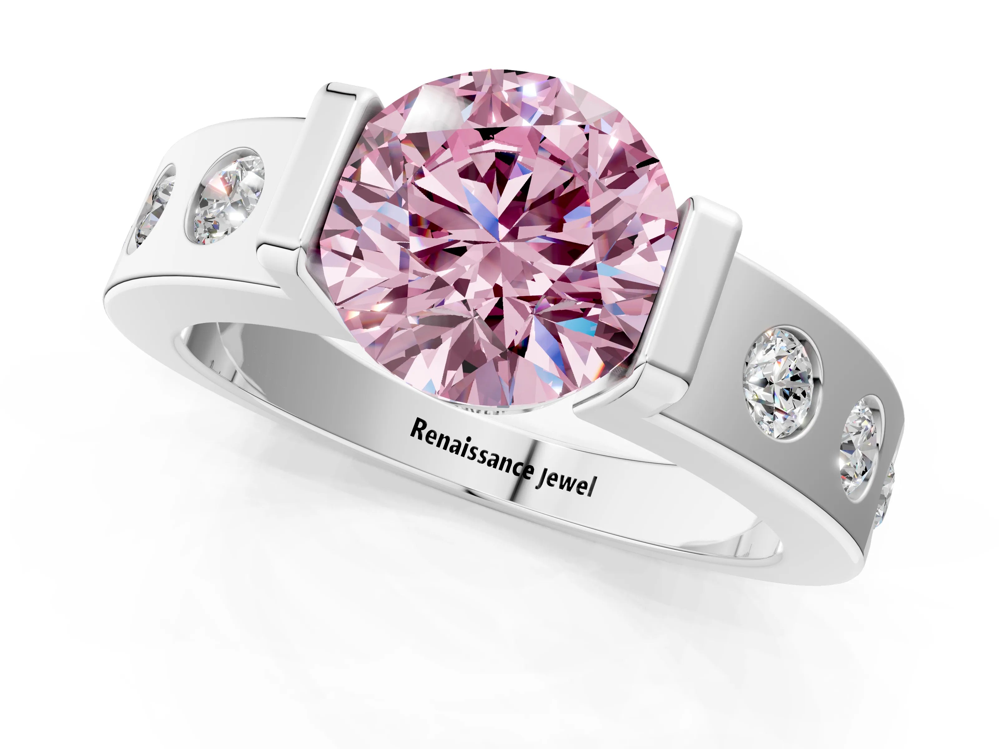White gold Fancy Pink Round Cut Brilliant Channel-Set Diamond Ring with Bezel Prong Setting_13