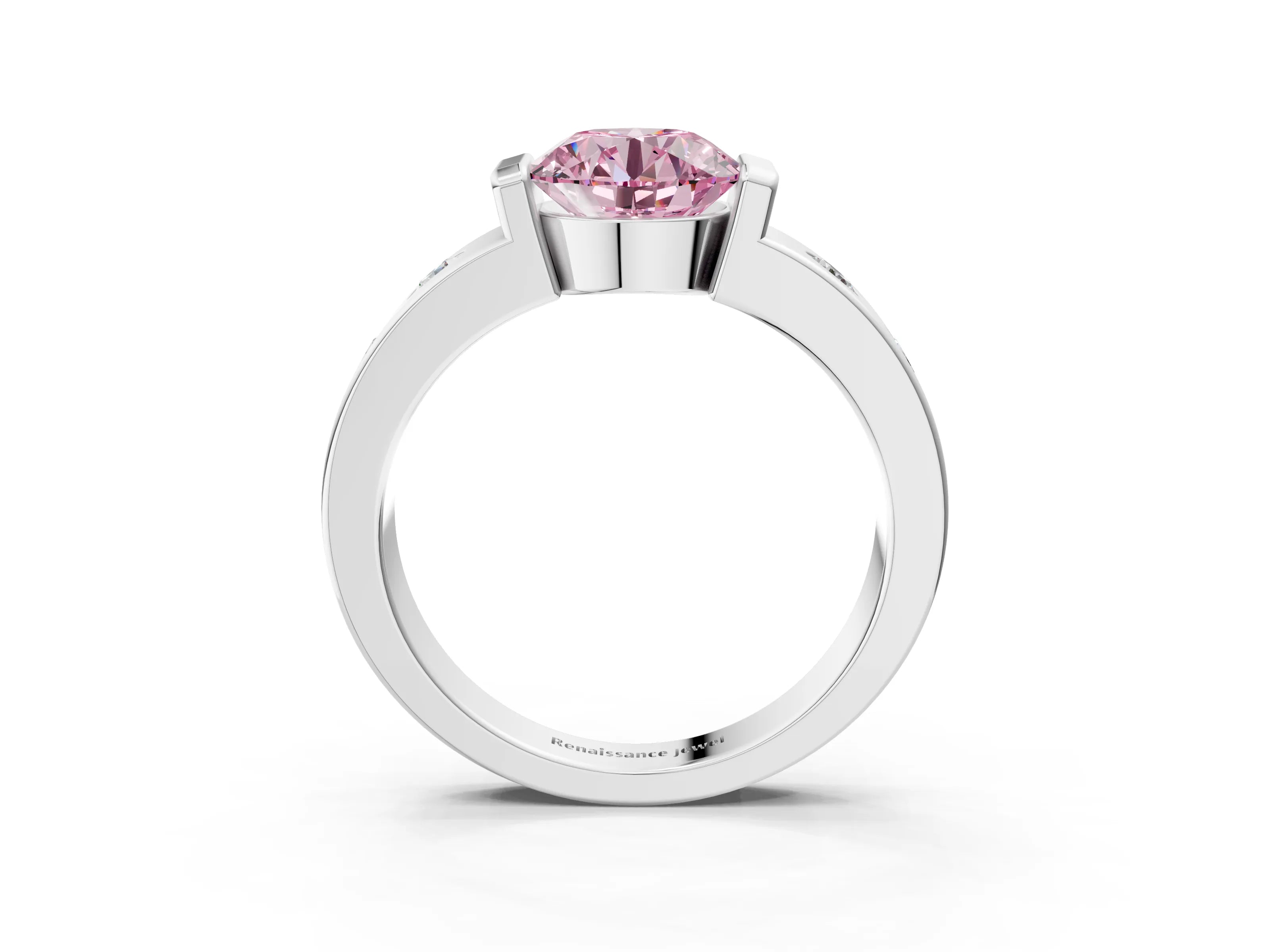 White gold Fancy Pink Round Cut Brilliant Channel-Set Diamond Ring with Bezel Prong Setting_15
