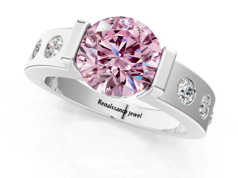 White gold Fancy Pink Round Cut Brilliant Channel-Set Diamond Ring with Bezel Prong Setting_1