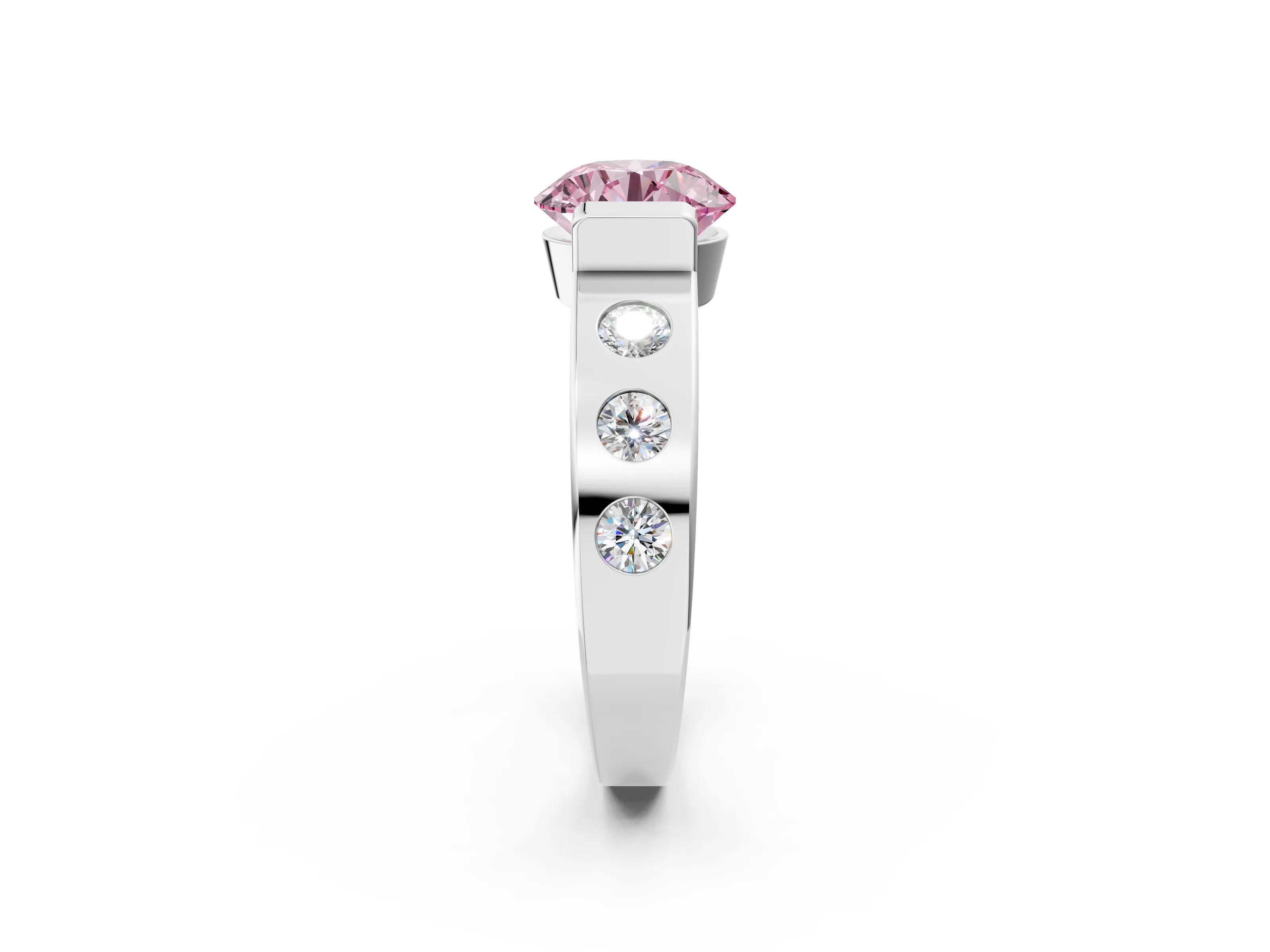 White gold Fancy Pink Round Cut Brilliant Channel-Set Diamond Ring with Bezel Prong Setting_2