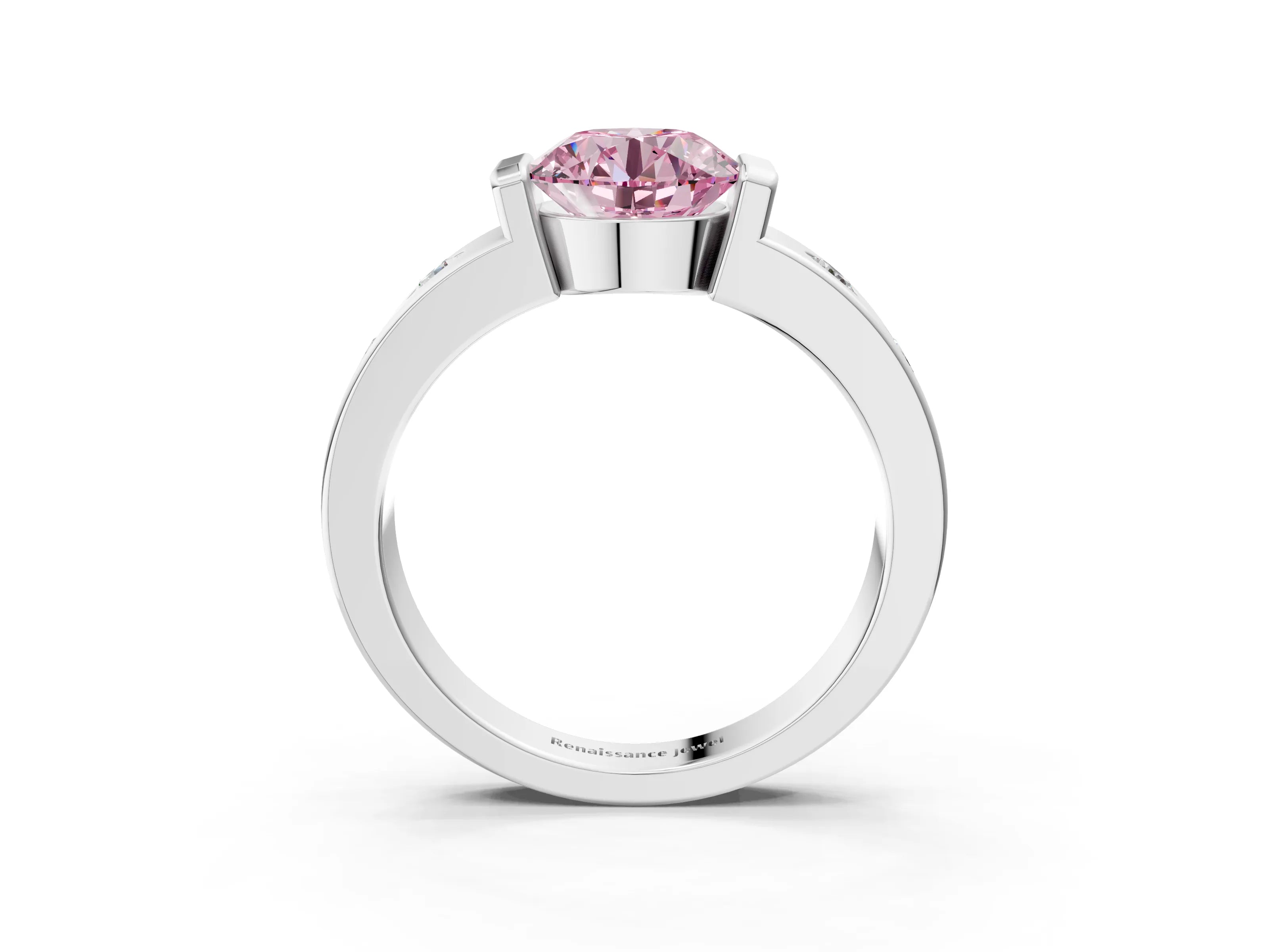 White gold Fancy Pink Round Cut Brilliant Channel-Set Diamond Ring with Bezel Prong Setting_3