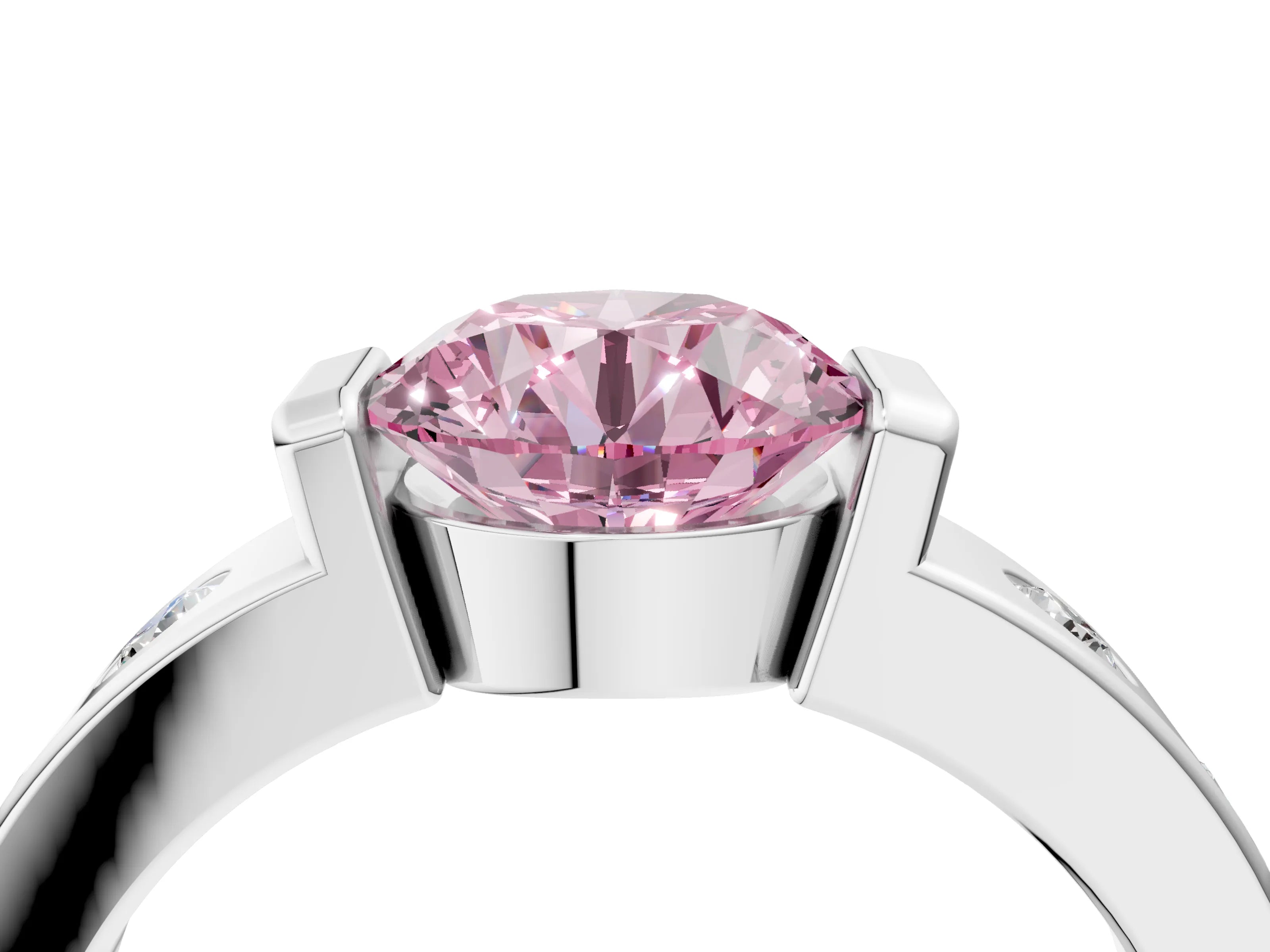 White gold Fancy Pink Round Cut Brilliant Channel-Set Diamond Ring with Bezel Prong Setting_4