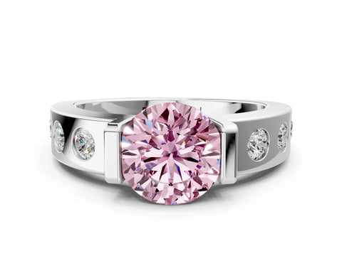 White gold Fancy Pink Round Cut Brilliant Channel-Set Diamond Ring with Bezel Prong Setting