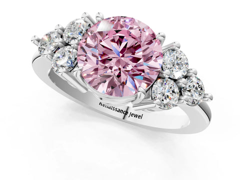 White gold Fancy Pink Round Cut Brilliant Diamond Cluster Accent Solitaire Ring with Prong Setting_1