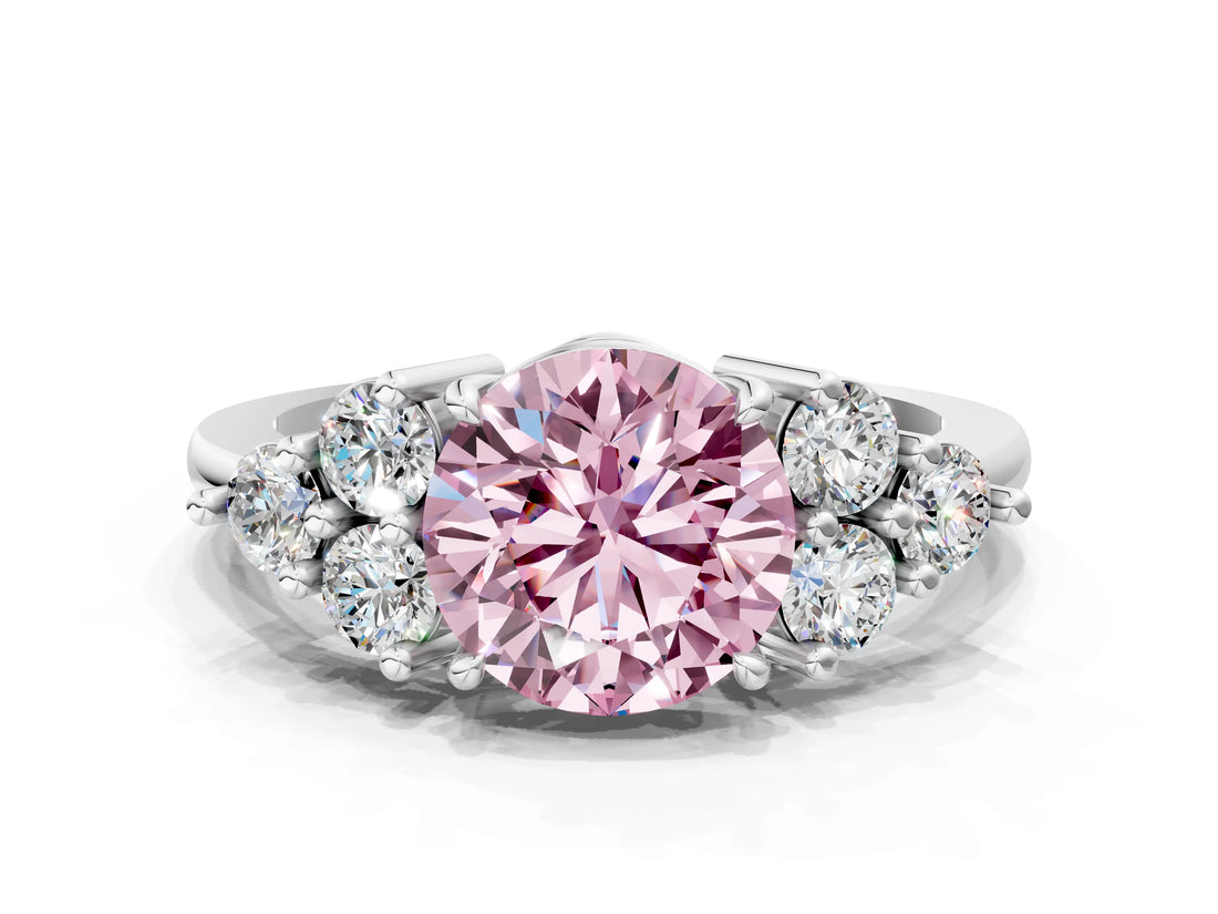 White gold Fancy Pink Round Cut Brilliant Diamond Cluster Accent Solitaire Ring with Prong Setting_24