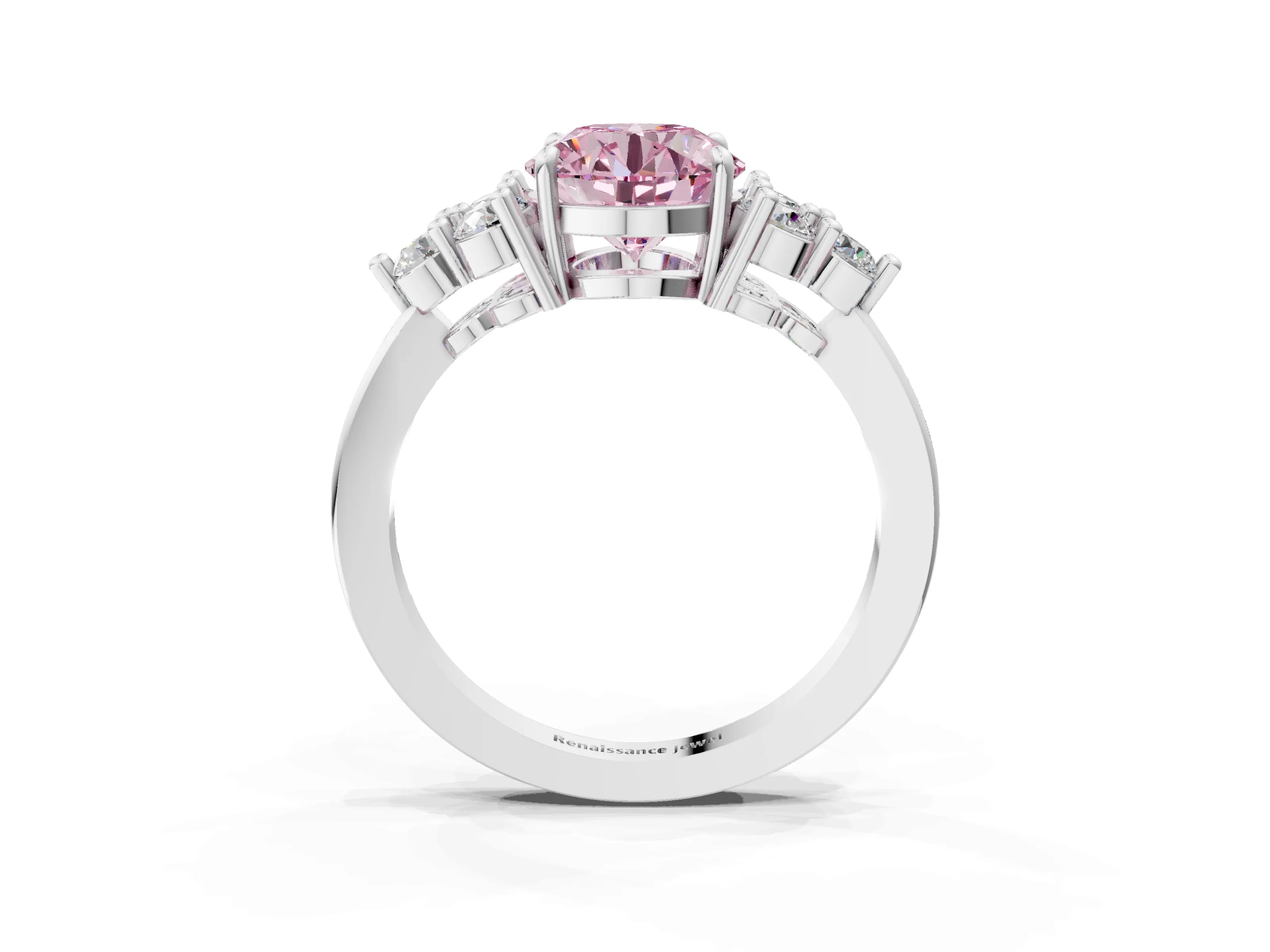 White gold Fancy Pink Round Cut Brilliant Diamond Cluster Accent Solitaire Ring with Prong Setting_27