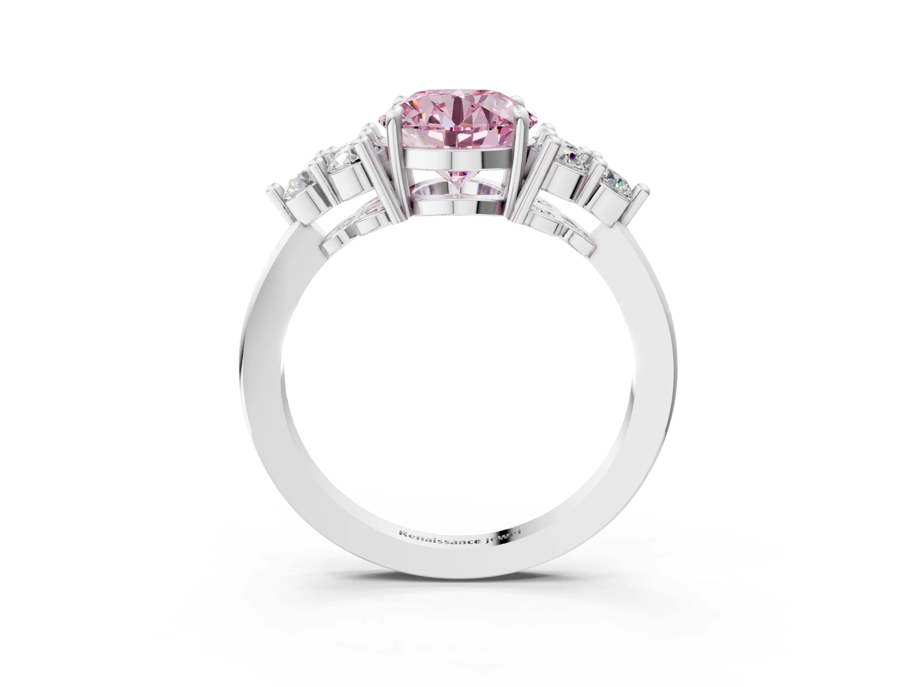 White gold Fancy Pink Round Cut Brilliant Diamond Cluster Accent Solitaire Ring with Prong Setting_3