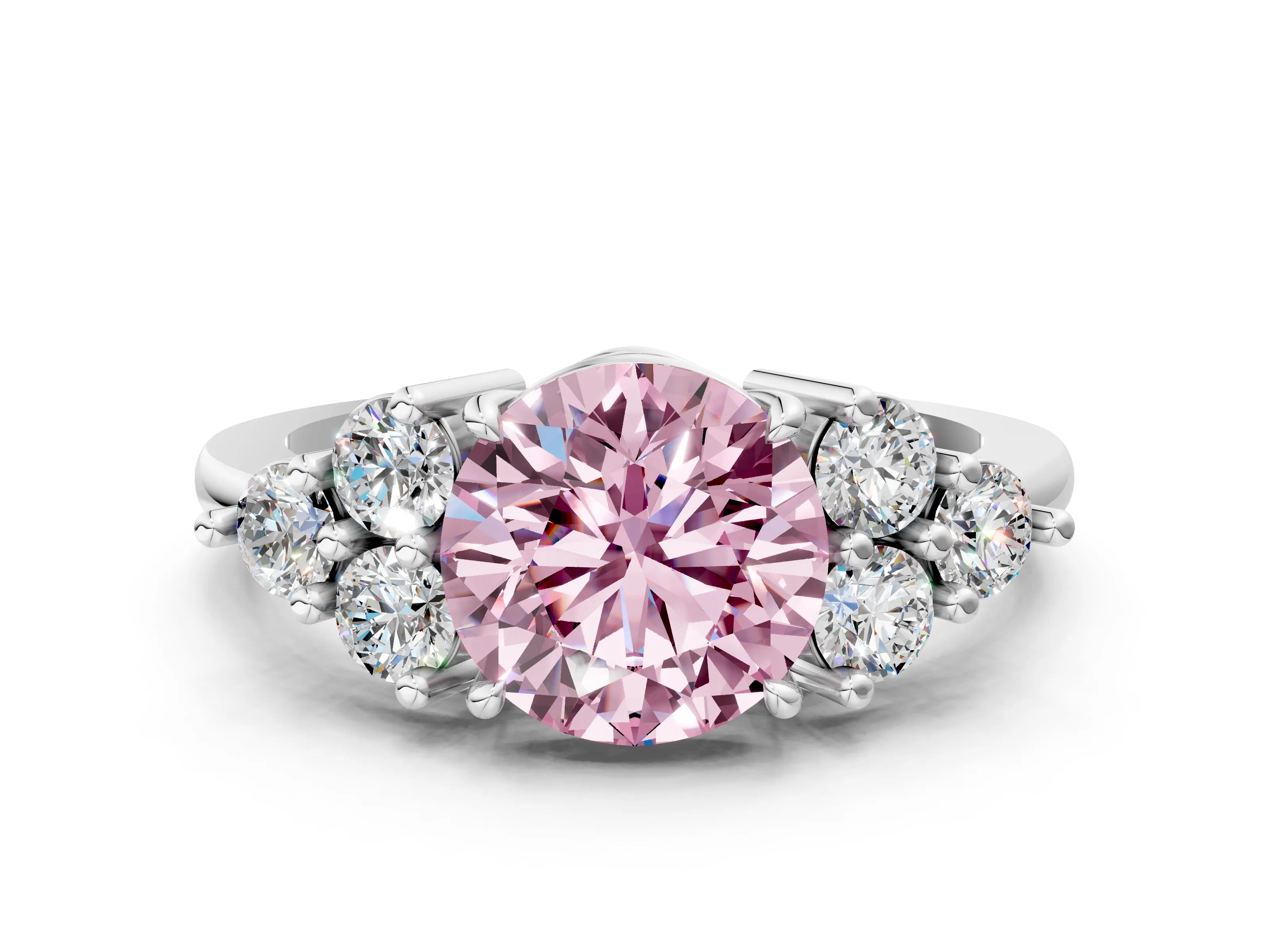 White gold Fancy Pink Round Cut Brilliant Diamond Cluster Accent Solitaire Ring with Prong Setting