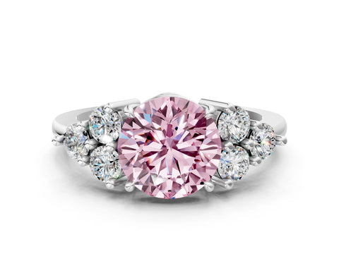 White gold Fancy Pink Round Cut Brilliant Diamond Cluster Accent Solitaire Ring with Prong Setting