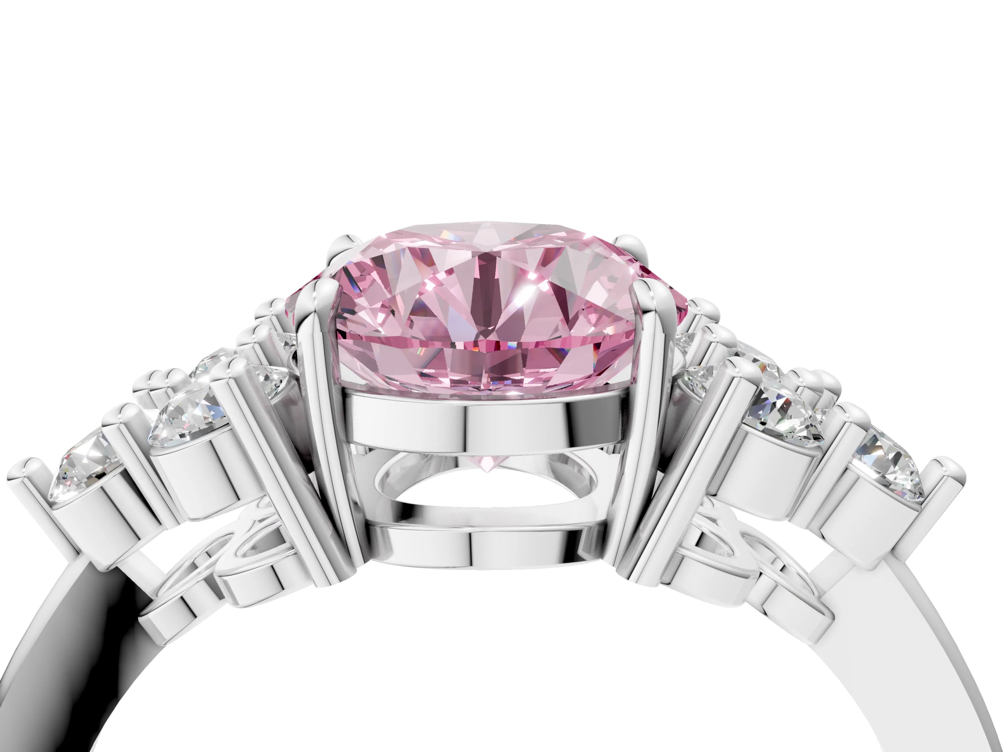 White gold Fancy Pink Round Cut Brilliant Diamond Cluster Accent Solitaire Ring with Prong Setting_4