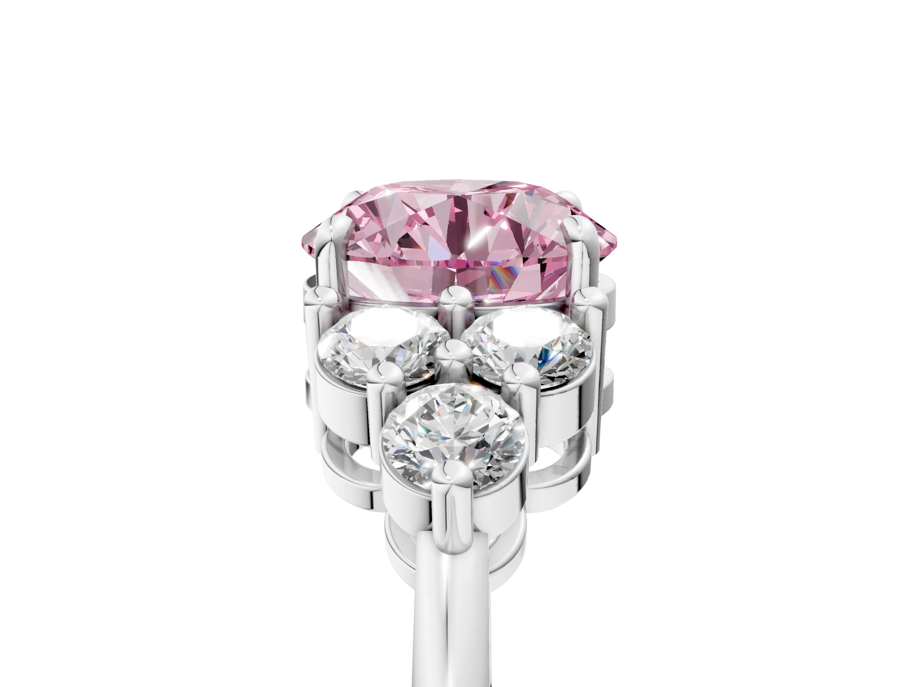 White gold Fancy Pink Round Cut Brilliant Diamond Cluster Accent Solitaire Ring with Prong Setting_5