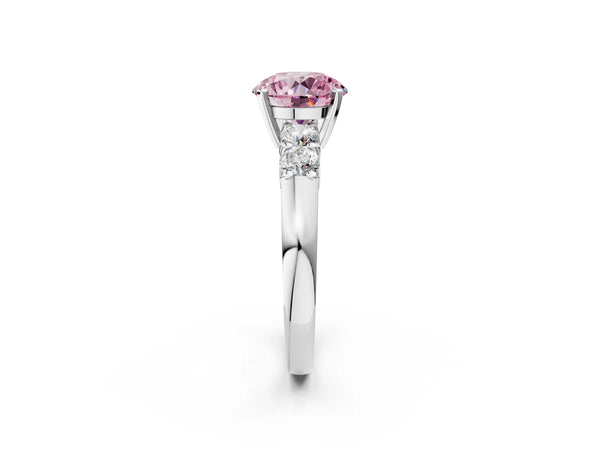Platinum Fancy Pink Round Cut Brilliant Diamond Five-Stone Engagement Ring with Prong Setting on a Classic Band