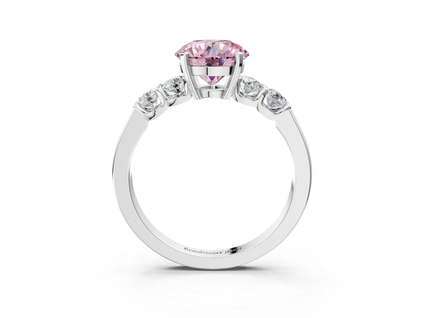 Platinum Fancy Pink Round Cut Brilliant Diamond Five-Stone Engagement Ring with Prong Setting on a Classic Band