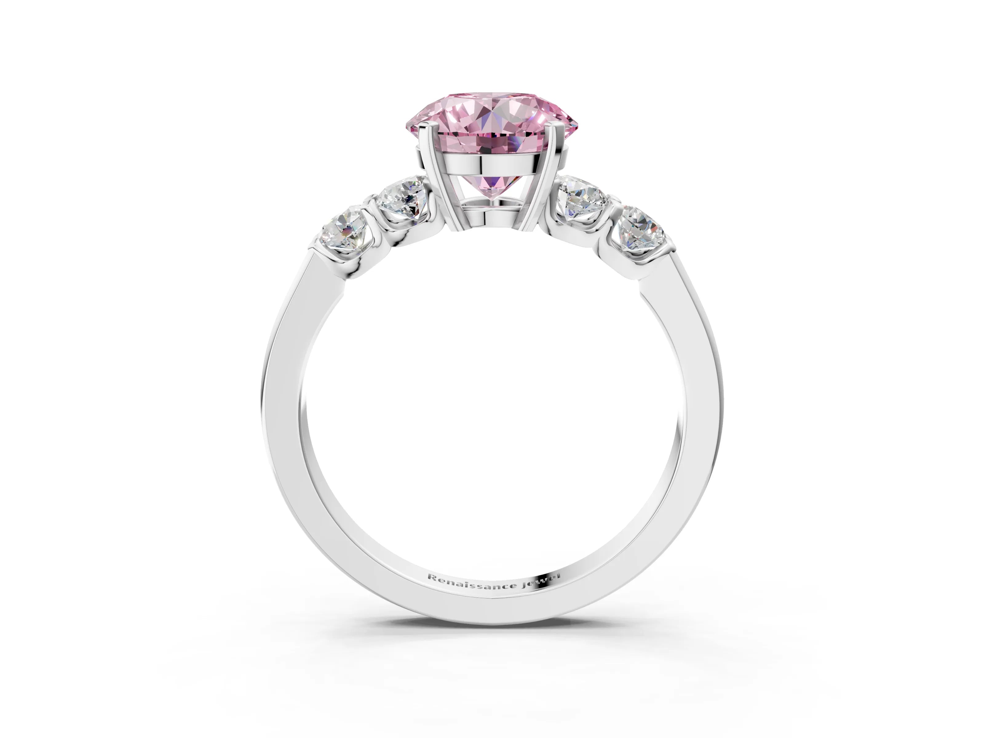 White gold Fancy Pink Round Cut Brilliant Diamond Five-Stone Engagement Ring with Prong Setting on a Classic Band_6