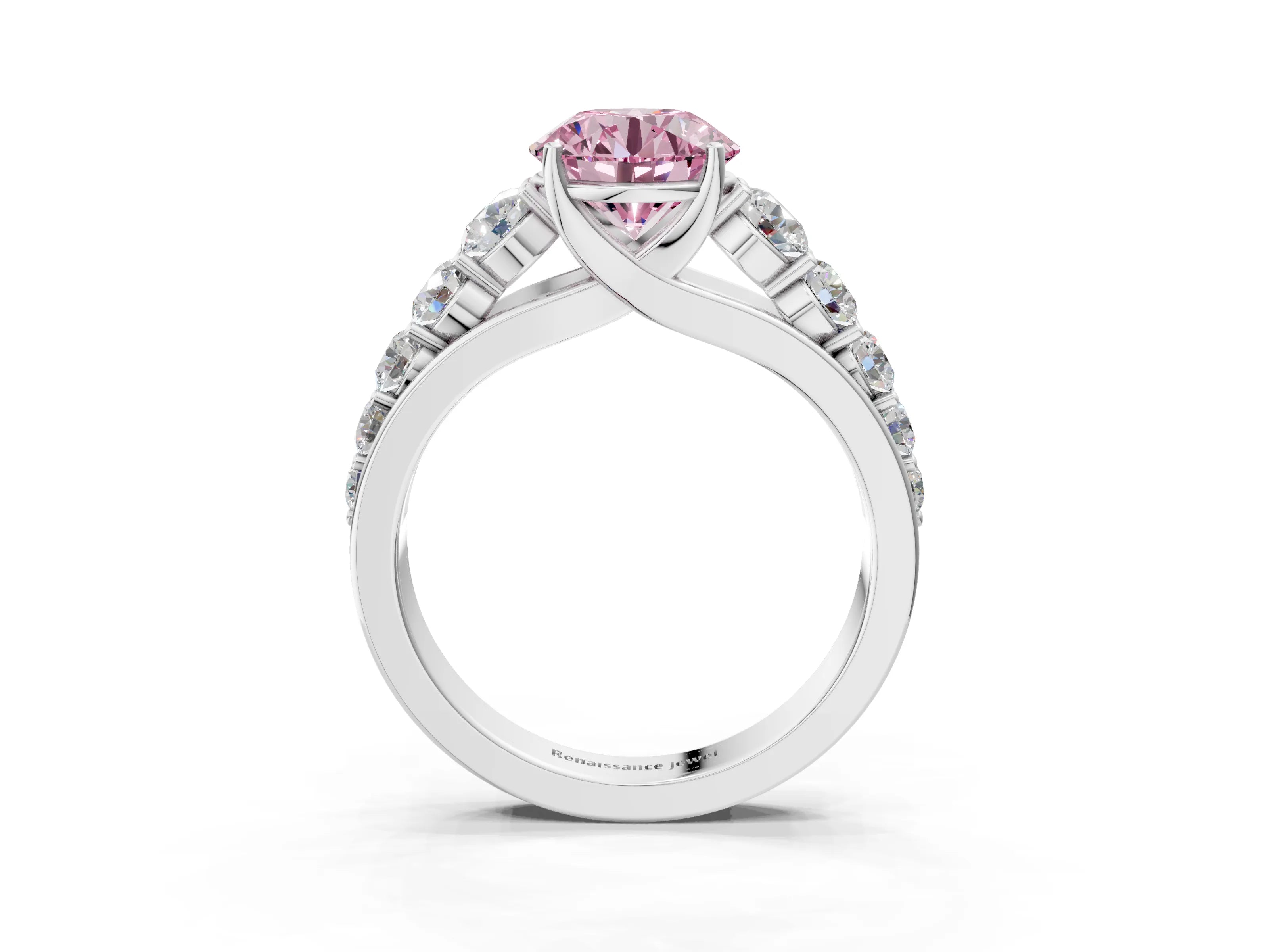 White gold Fancy Pink Round Cut Brilliant Diamond Pavé Band with Six-Prong Setting_3