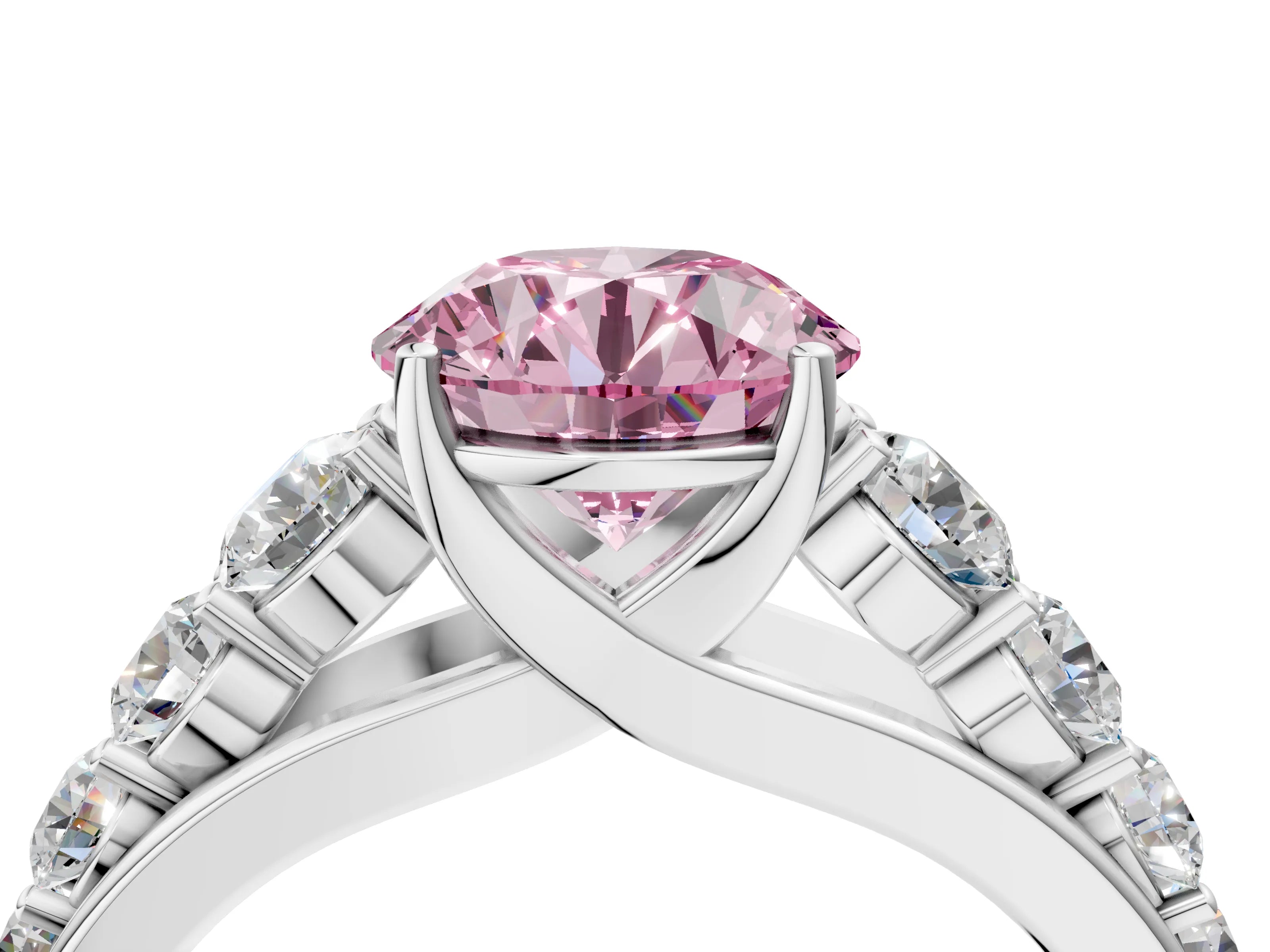 White gold Fancy Pink Round Cut Brilliant Diamond Pavé Band with Six-Prong Setting_4