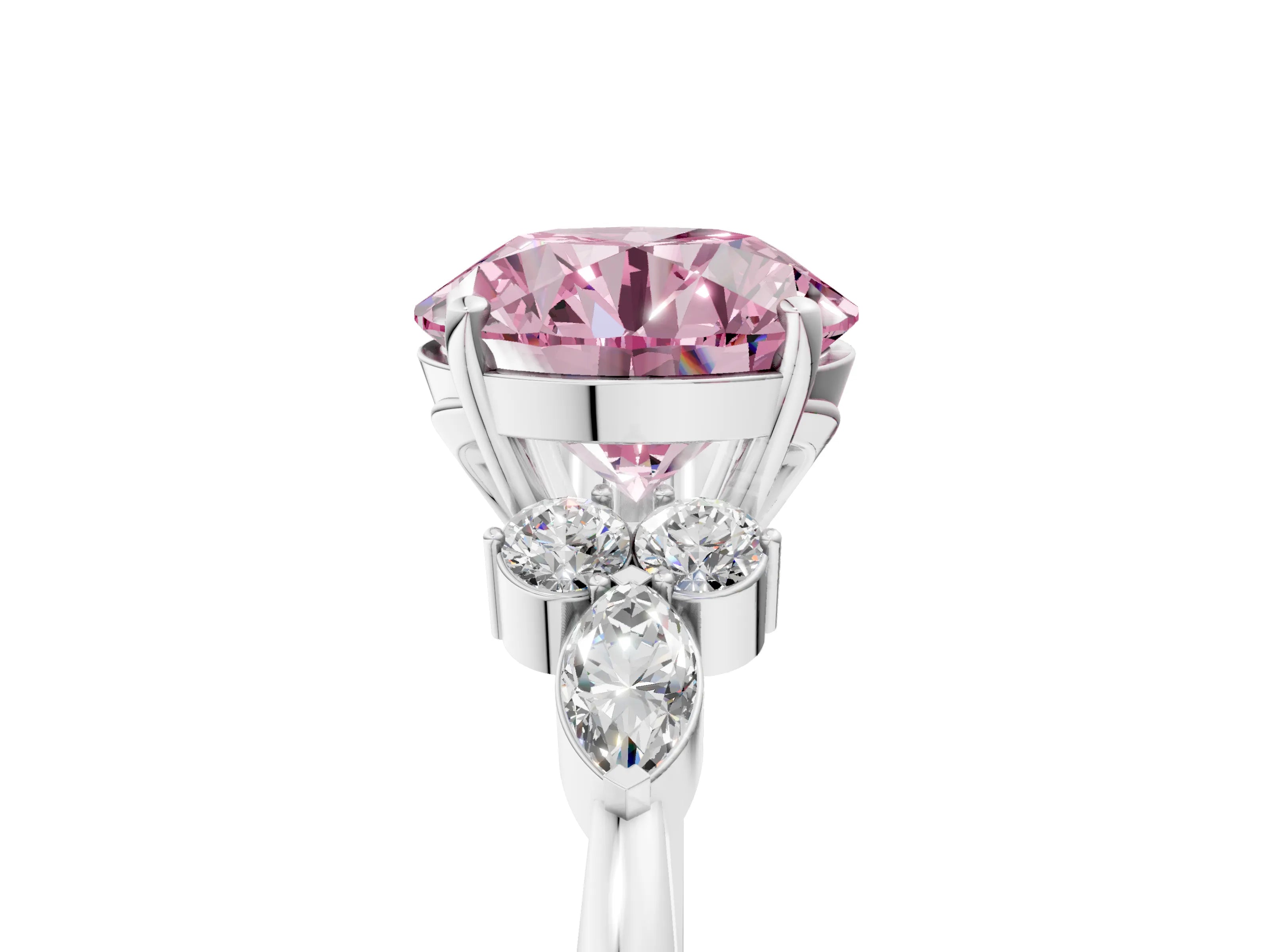 White gold Fancy Pink Round Cut Brilliant Diamond Solitaire Ring with Pear Side Stones and Four-Prong Setting_11