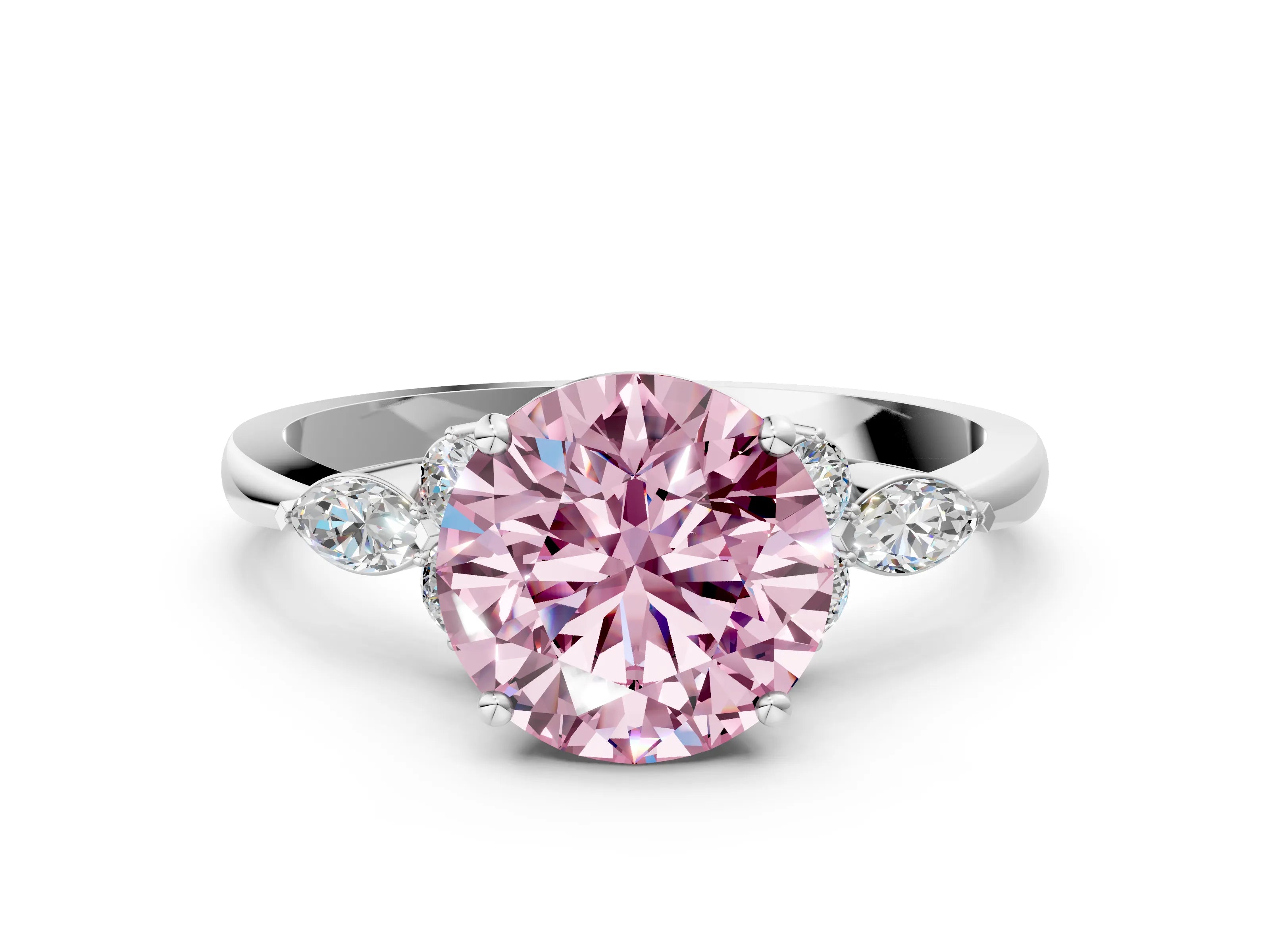 White gold Fancy Pink Round Cut Brilliant Diamond Solitaire Ring with Pear Side Stones and Four-Prong Setting_30