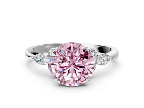 White gold Fancy Pink Round Cut Brilliant Diamond Solitaire Ring with Pear Side Stones and Four-Prong Setting_30