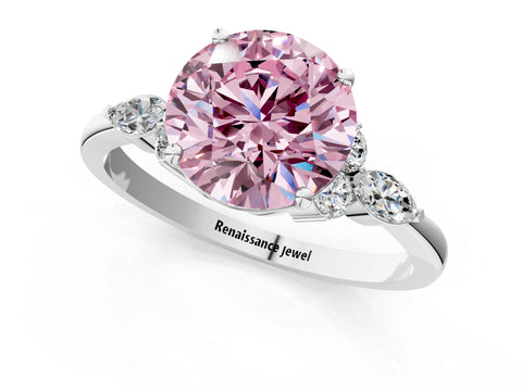 White gold Fancy Pink Round Cut Brilliant Diamond Solitaire Ring with Pear Side Stones and Four-Prong Setting_31