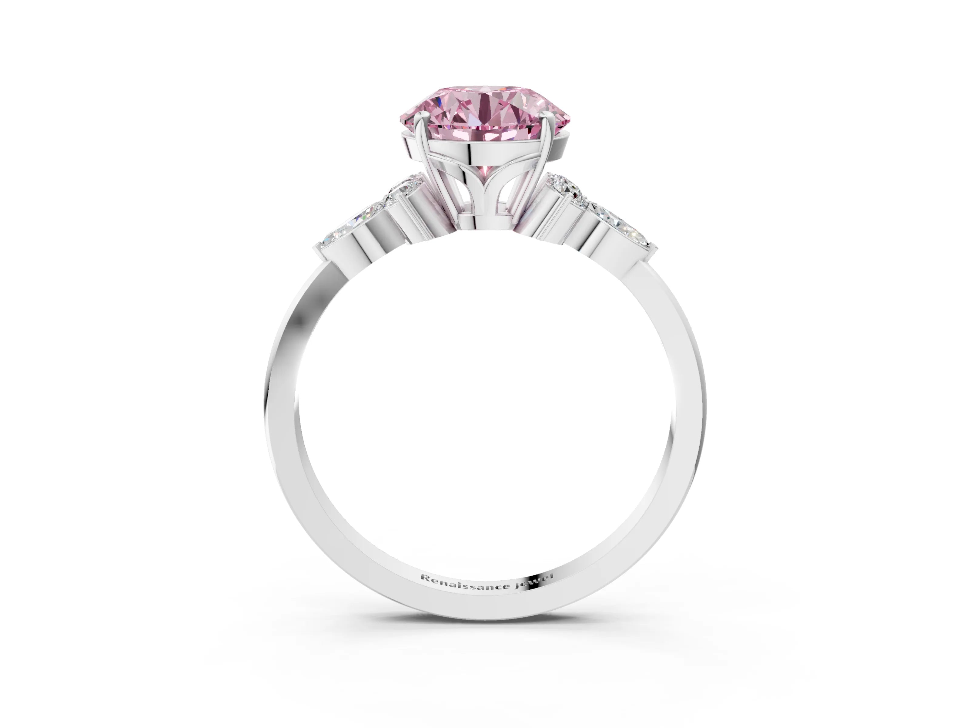 White gold Fancy Pink Round Cut Brilliant Diamond Solitaire Ring with Pear Side Stones and Four-Prong Setting_33