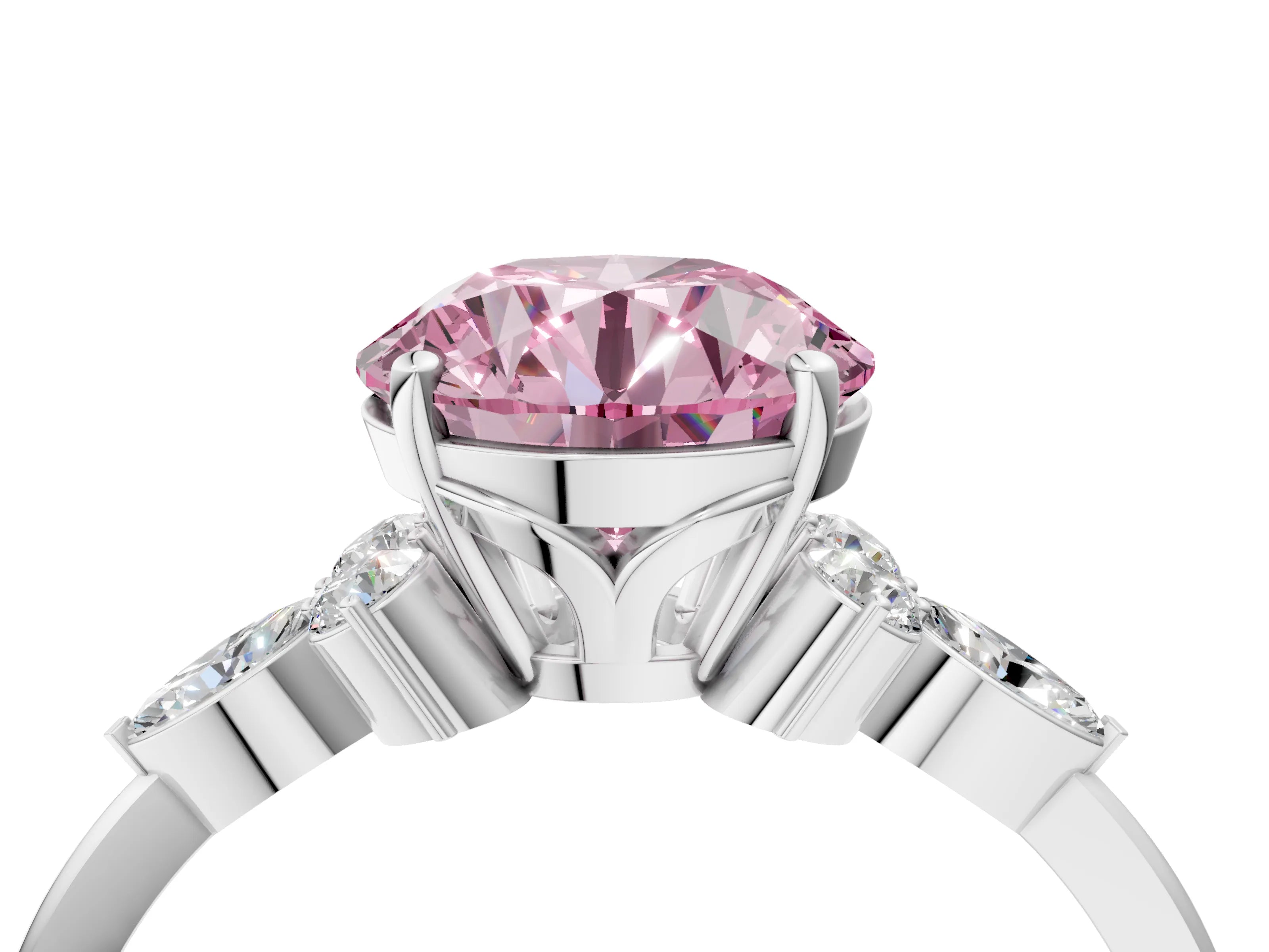 White gold Fancy Pink Round Cut Brilliant Diamond Solitaire Ring with Pear Side Stones and Four-Prong Setting_34