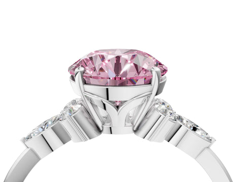 White gold Fancy Pink Round Cut Brilliant Diamond Solitaire Ring with Pear Side Stones and Four-Prong Setting_34